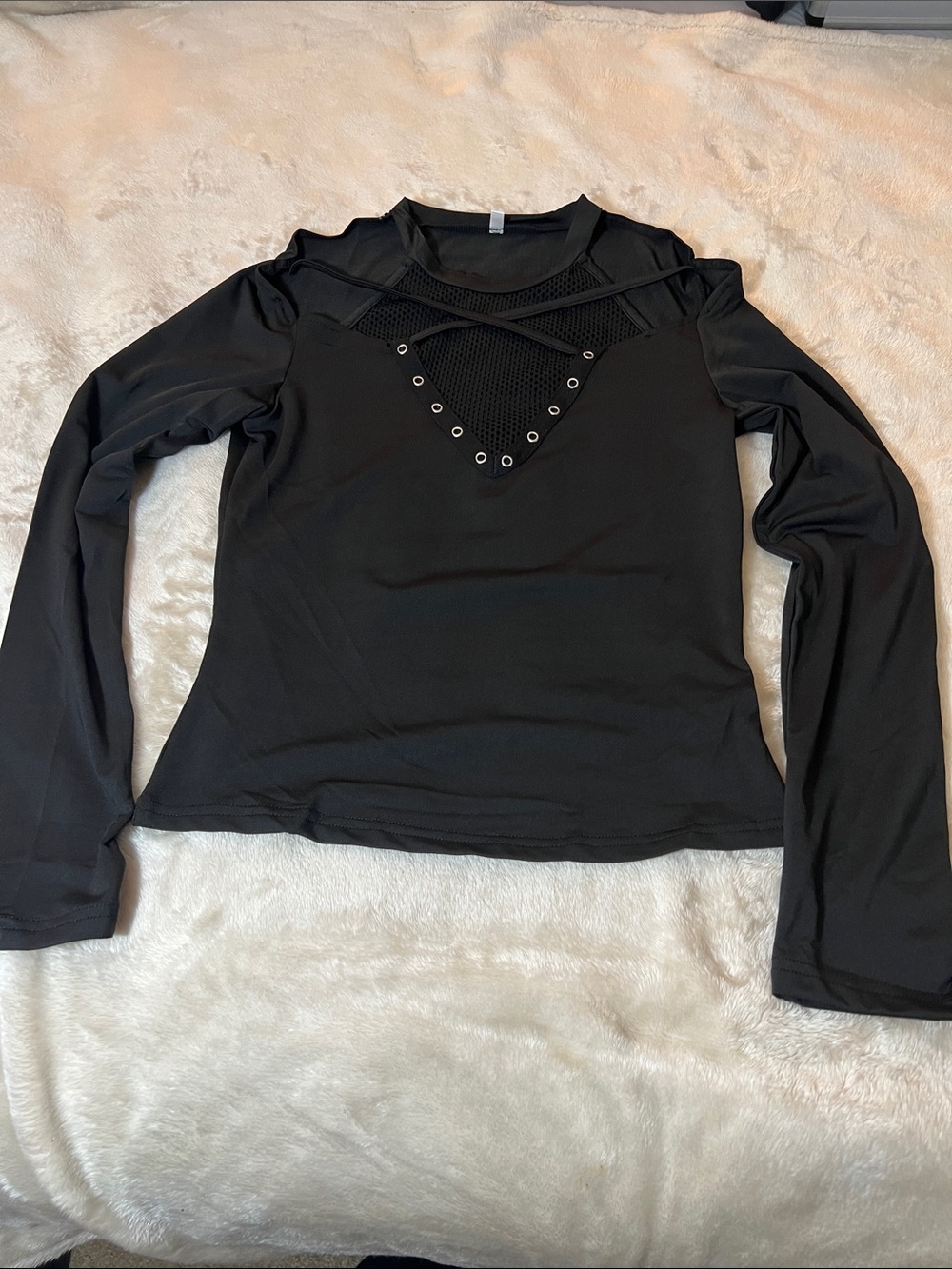Black Long-Sleeve Mesh Detail Women's Top